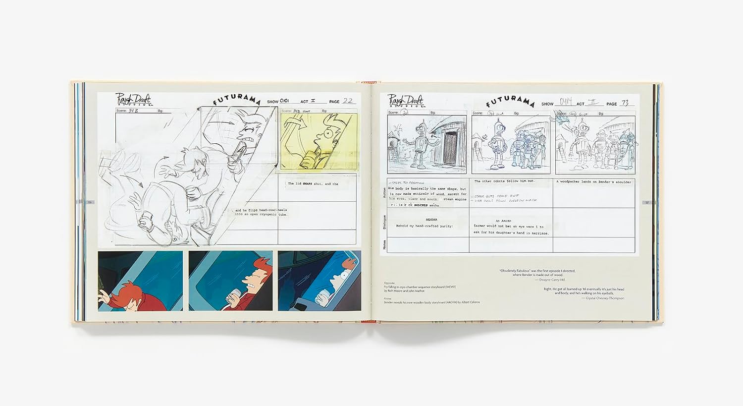 An open illustrated book or art print spread on a light gray background, showing hand-drawn animation sketches, storyboards, and small colored scene panels on both pages.