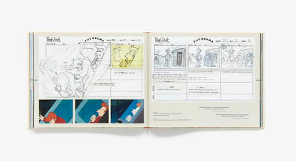 An open illustrated book or art print spread on a light gray background, showing hand-drawn animation sketches, storyboards, and small colored scene panels on both pages.