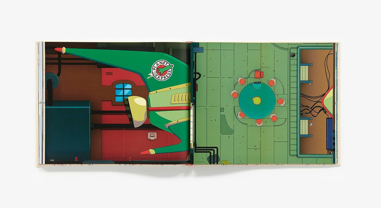 An open illustrated book or art print showing a stylized interior scene with a green floor, red and teal furniture-like forms, and small circular details, photographed against a plain light background.