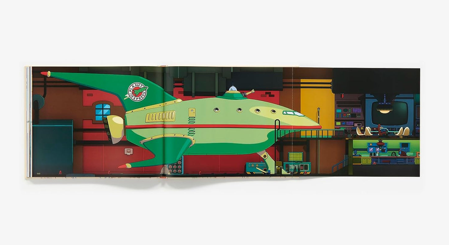 A stylized illustration of a retro-futuristic green and cream spaceship parked inside a detailed sci-fi hangar, shown as a horizontal print or book spread against a plain white background.