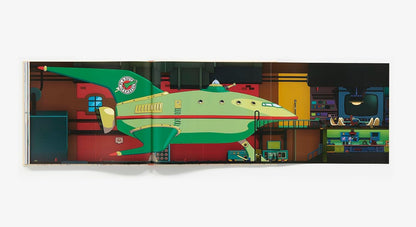A stylized illustration of a retro-futuristic green and cream spaceship parked inside a detailed sci-fi hangar, shown as a horizontal print or book spread against a plain white background.