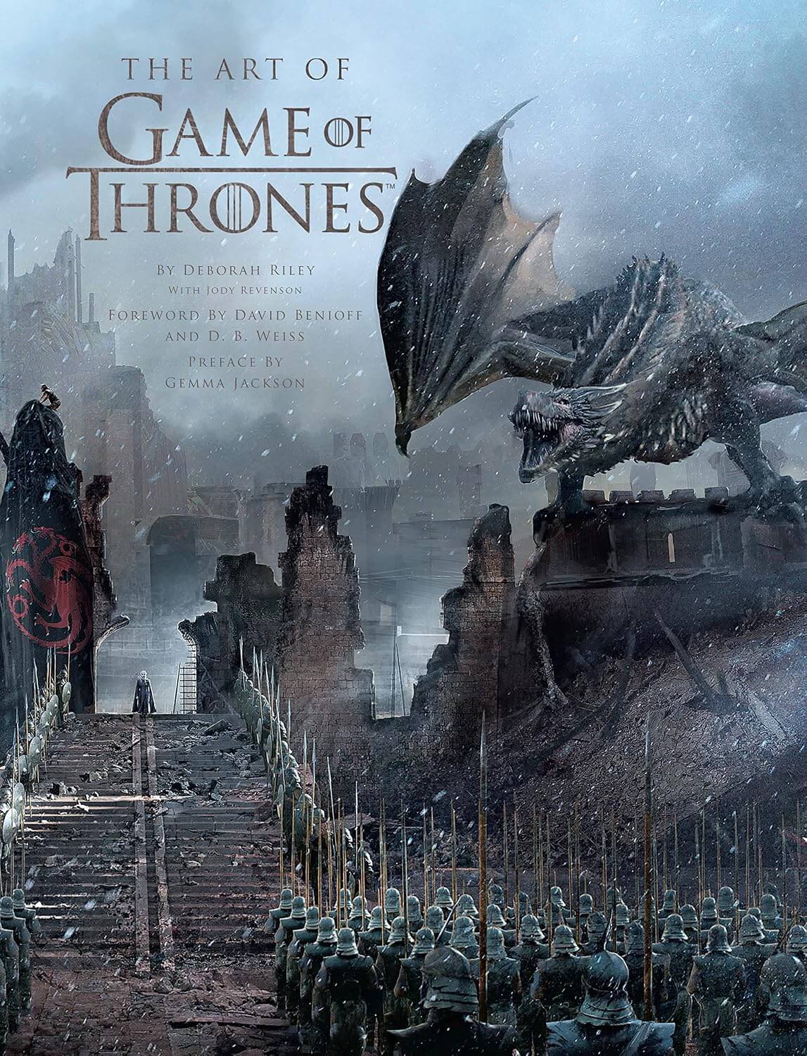 Cover of the book 'The Art of Game of Thrones' featuring a dark, dramatic illustration of a dragon in a ruined cityscape, symbolizing the fantasy world of the show.