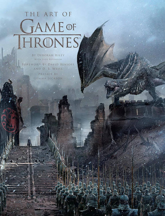 Cover of the book 'The Art of Game of Thrones' featuring a dark, dramatic illustration of a dragon in a ruined cityscape, symbolizing the fantasy world of the show.