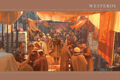 Illustration of a bustling market scene with people and tents, labeled 'Westeros'.