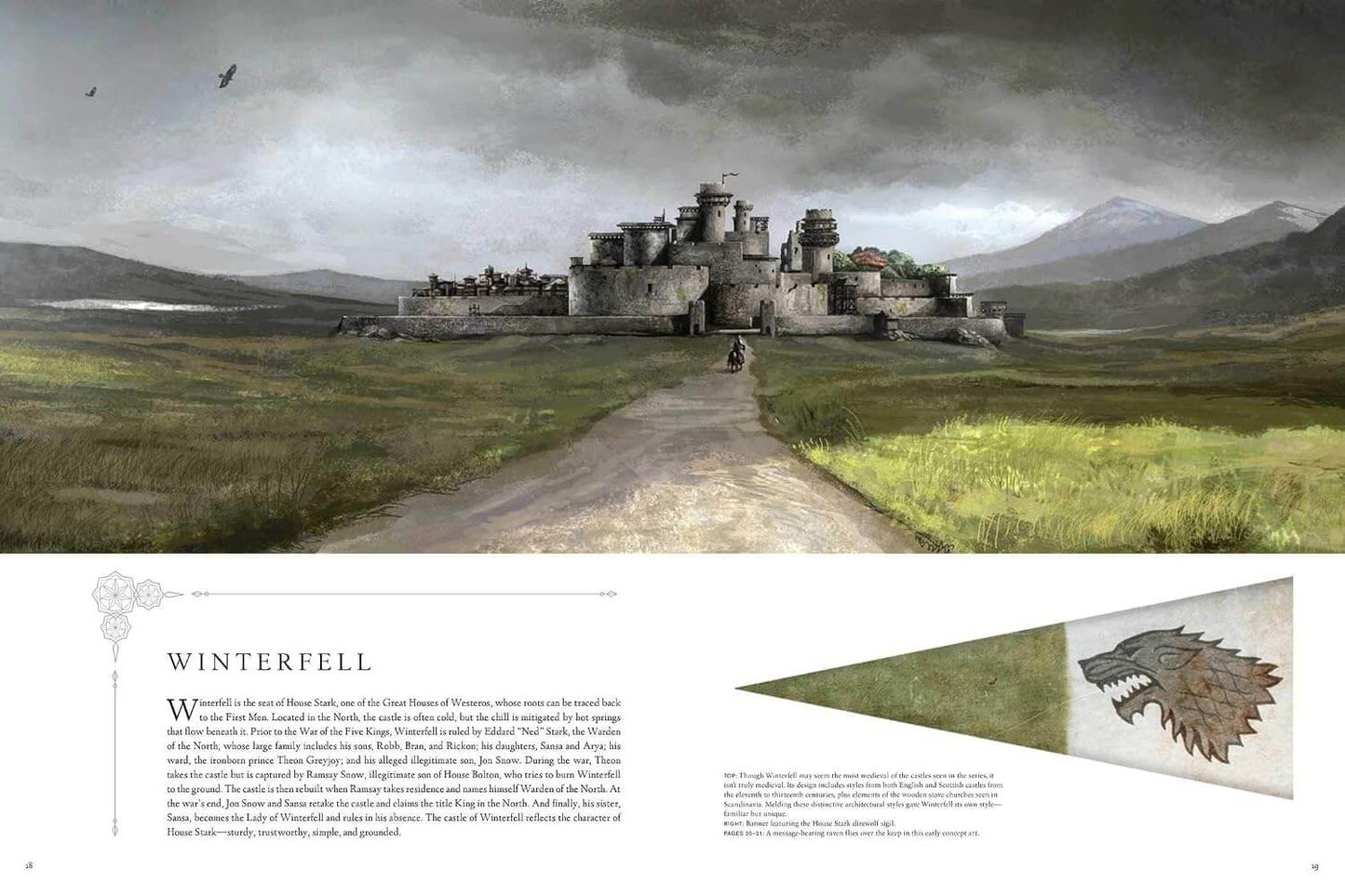 Castle in a landscape with a banner featuring a dragon emblem at the bottom.
