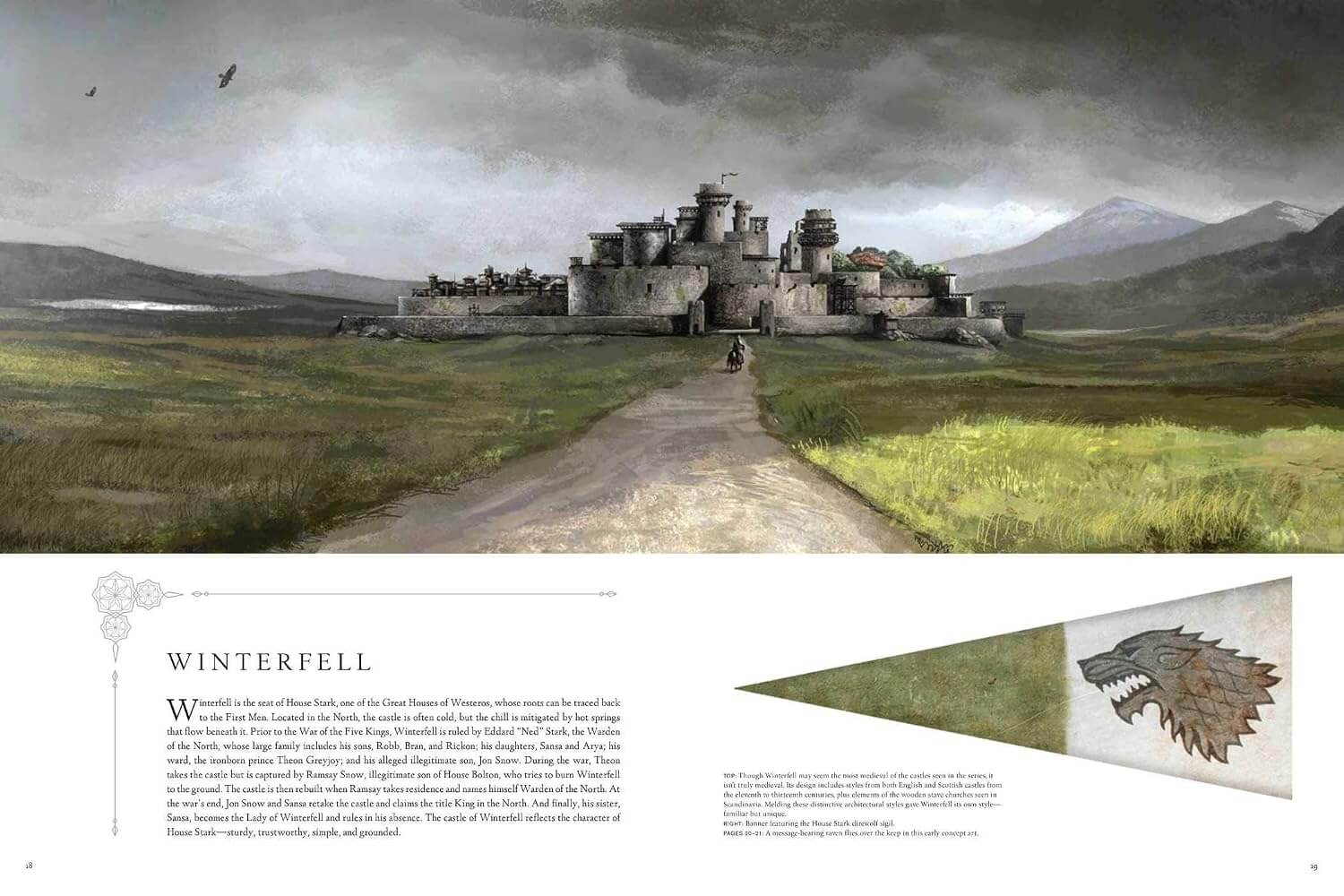 Castle in a landscape with a banner featuring a dragon emblem at the bottom.