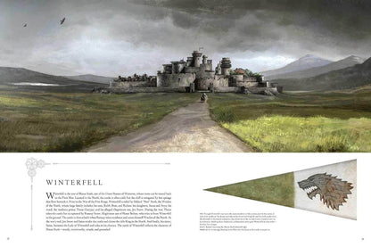 Castle in a landscape with a banner featuring a dragon emblem at the bottom.