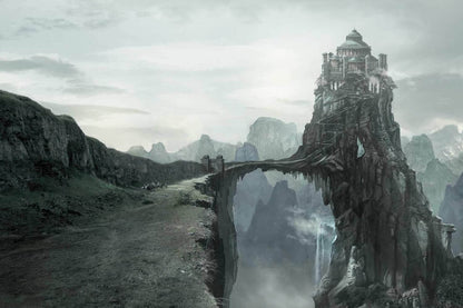 Fantasy landscape with a tower on a rocky outcrop and a bridge over a valley.