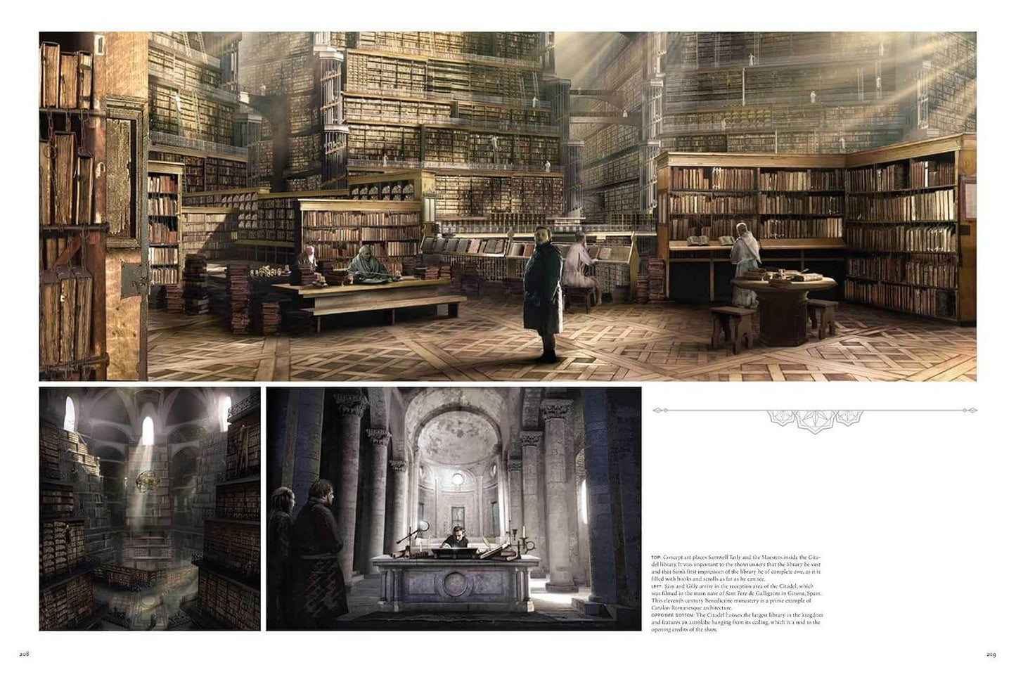 Library scene with bookshelves and people, with additional images of a person in a room and a statue.