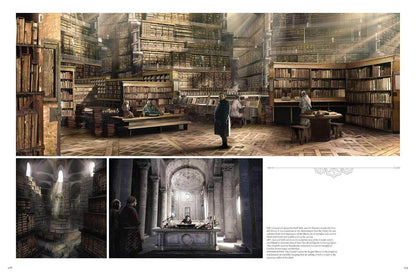 Library scene with bookshelves and people, with additional images of a person in a room and a statue.