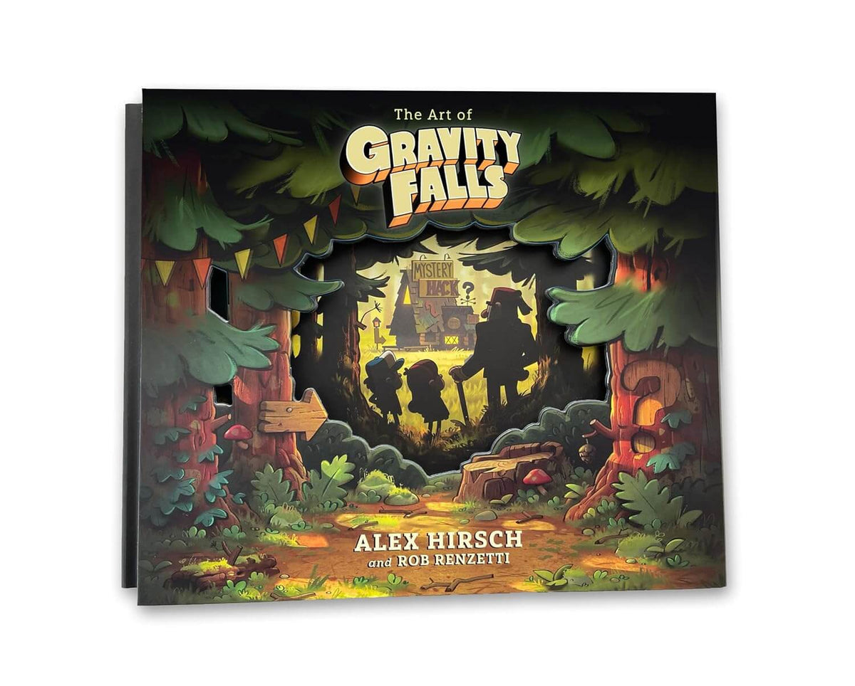 Book cover of 'The Art of Gravity Falls' by Alex Hirsch and Rob Renzetti with a forest scene illustration.