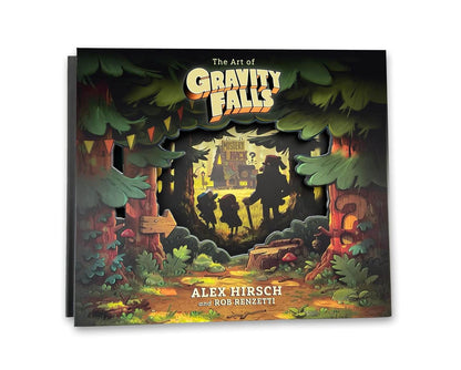 Book cover of 'The Art of Gravity Falls' by Alex Hirsch and Rob Renzetti with a forest scene illustration.