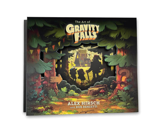 Book cover of 'The Art of Gravity Falls' by Alex Hirsch and Rob Renzetti with a forest scene illustration.