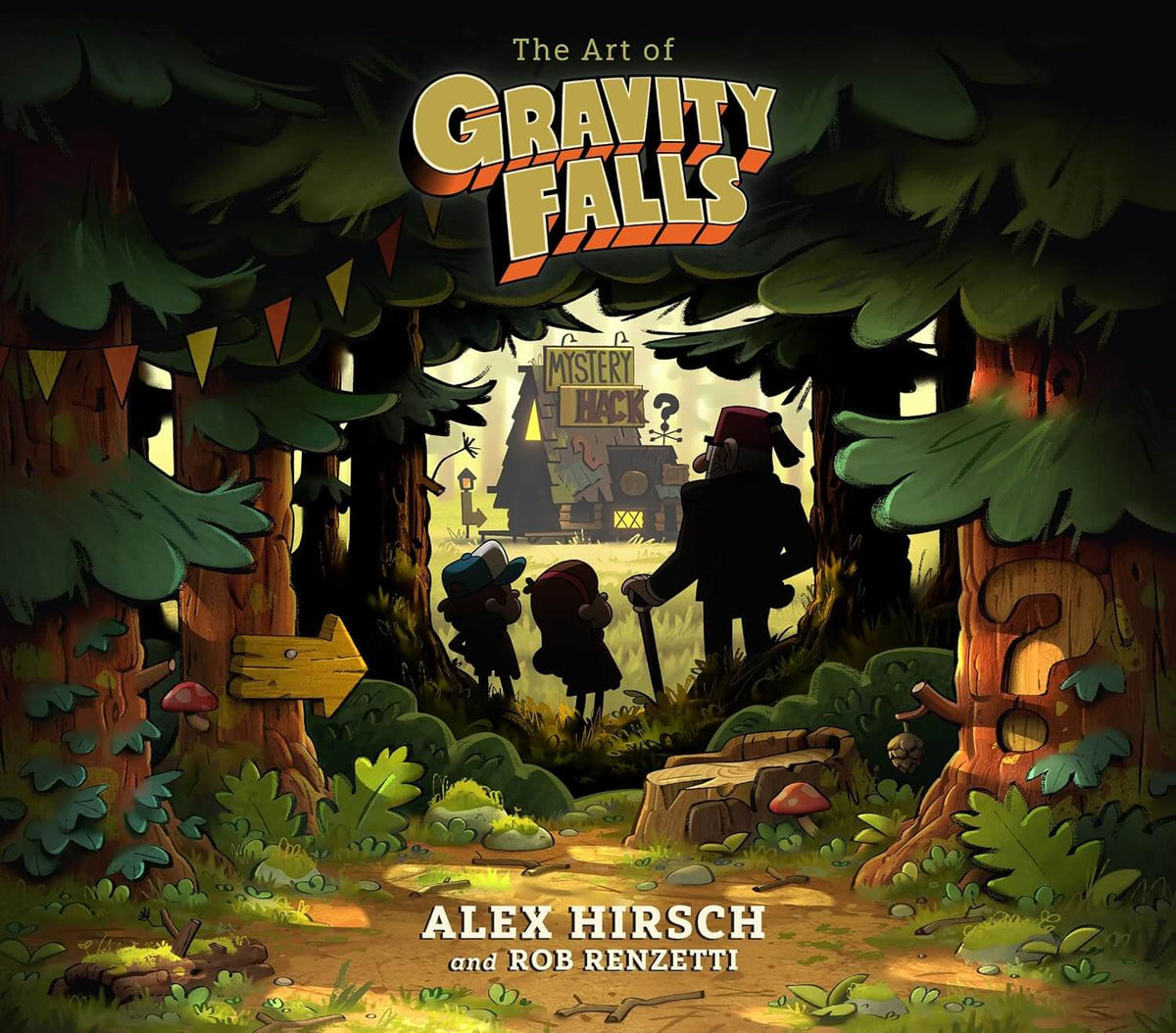 Book cover for 'The Art of Gravity Falls' featuring a stylized forest scene with the title at the top and the creators' names at the bottom. Two small figures and a larger figure walk through a wooded path toward a sign reading 'Mystery Shack' in the distance.