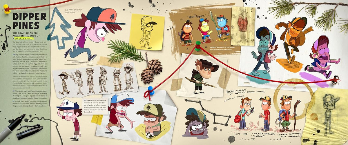 A detailed concept art collage for 'Dipper Pines' from the show The Powerpuff Girls, featuring character sketches, costume designs, concept art, and production notes on a textured beige background.