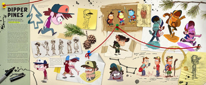 A detailed concept art collage for 'Dipper Pines' from the show The Powerpuff Girls, featuring character sketches, costume designs, concept art, and production notes on a textured beige background.