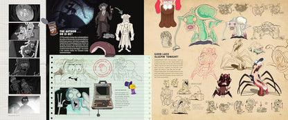 A collage-style artwork showing multiple comic-book or animation sketch pages, character designs, dialogue panels, and concept drawings arranged side by side on a light background.