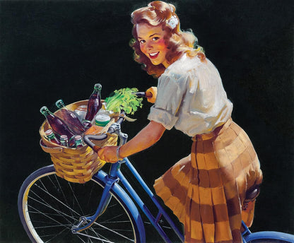 Vintage-style illustration of a smiling woman riding a blue bicycle against a black background, with a wicker basket filled with bottles and greens on the front.