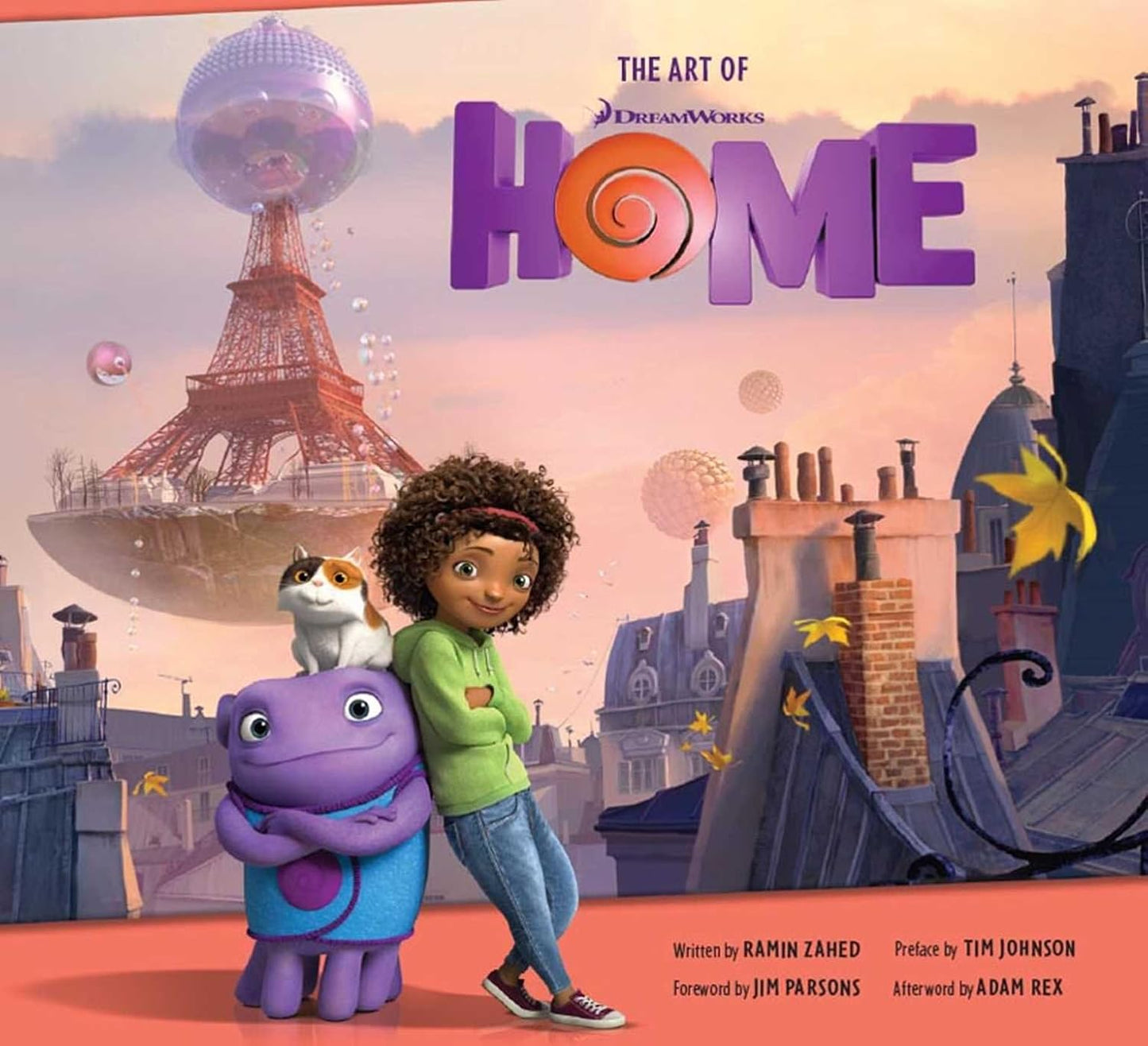 Cover of 'The Art of Home' book featuring animated characters from the movie, with a girl and a purple creature posing in a vibrant cityscape.