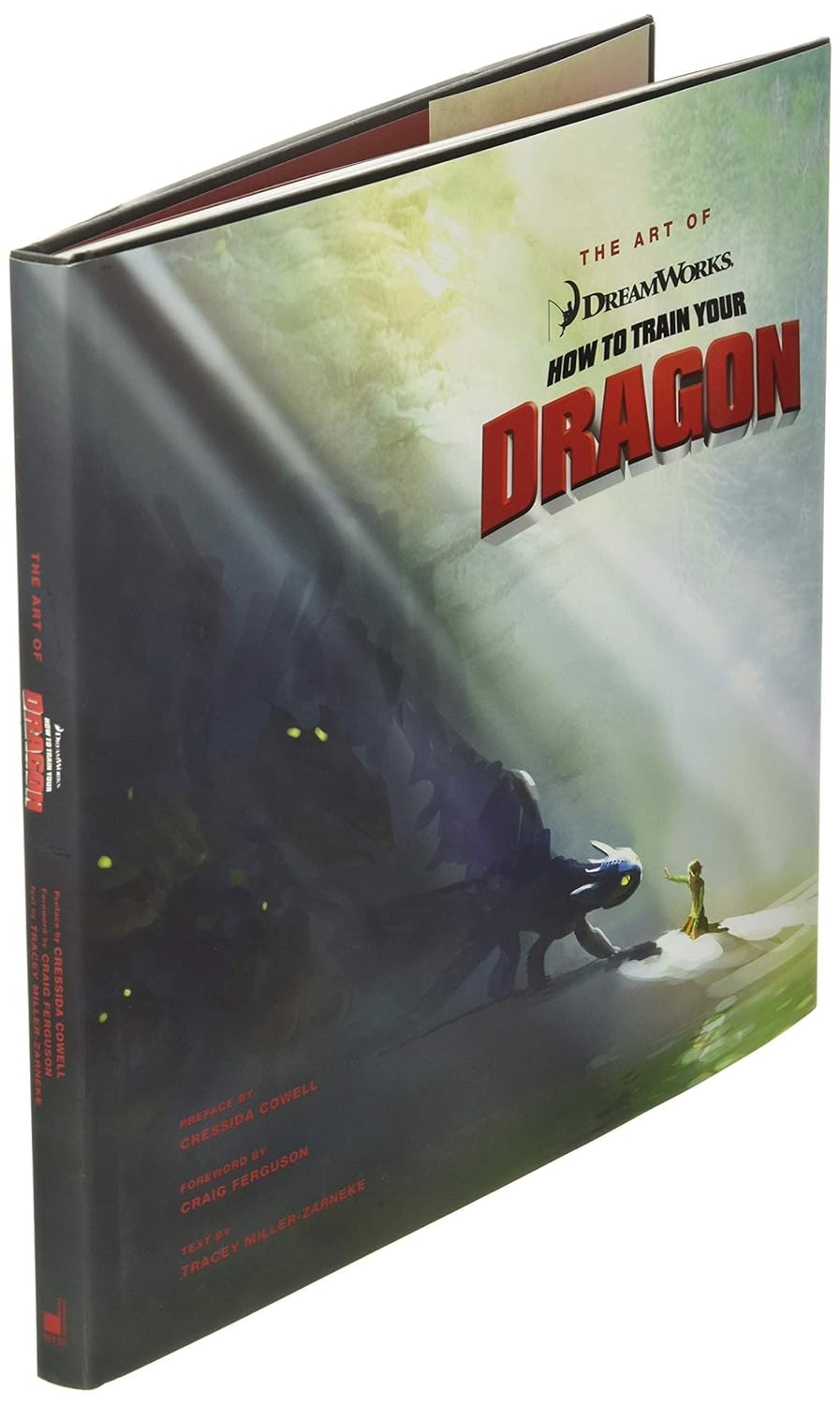 The Art of DreamWorks How to Train Your Dragon book, showing the front cover with artwork of a dragon and a small human figure under a glowing light, photographed on a white background.