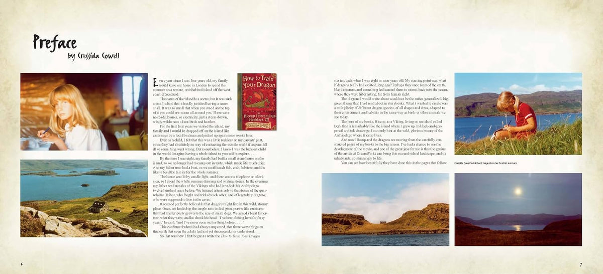 A book or magazine spread preview titled 'Preface by Origine Gauth' with multiple landscape and portrait photographs, blocks of text, and a small book cover insert on a light beige textured background.