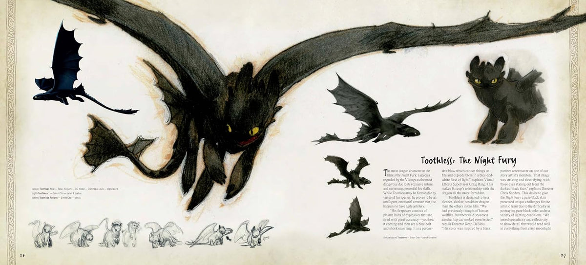 A printed page featuring character artwork and text for Toothless from How to Train Your Dragon, showing multiple black dragon illustrations in flight and standing poses with descriptive copy on an off-white background.