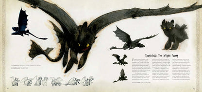 A printed page featuring character artwork and text for Toothless from How to Train Your Dragon, showing multiple black dragon illustrations in flight and standing poses with descriptive copy on an off-white background.