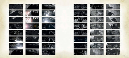 A book or album cover featuring a grid of many dark, black-and-white cinematic stills on a warm beige textured background.
