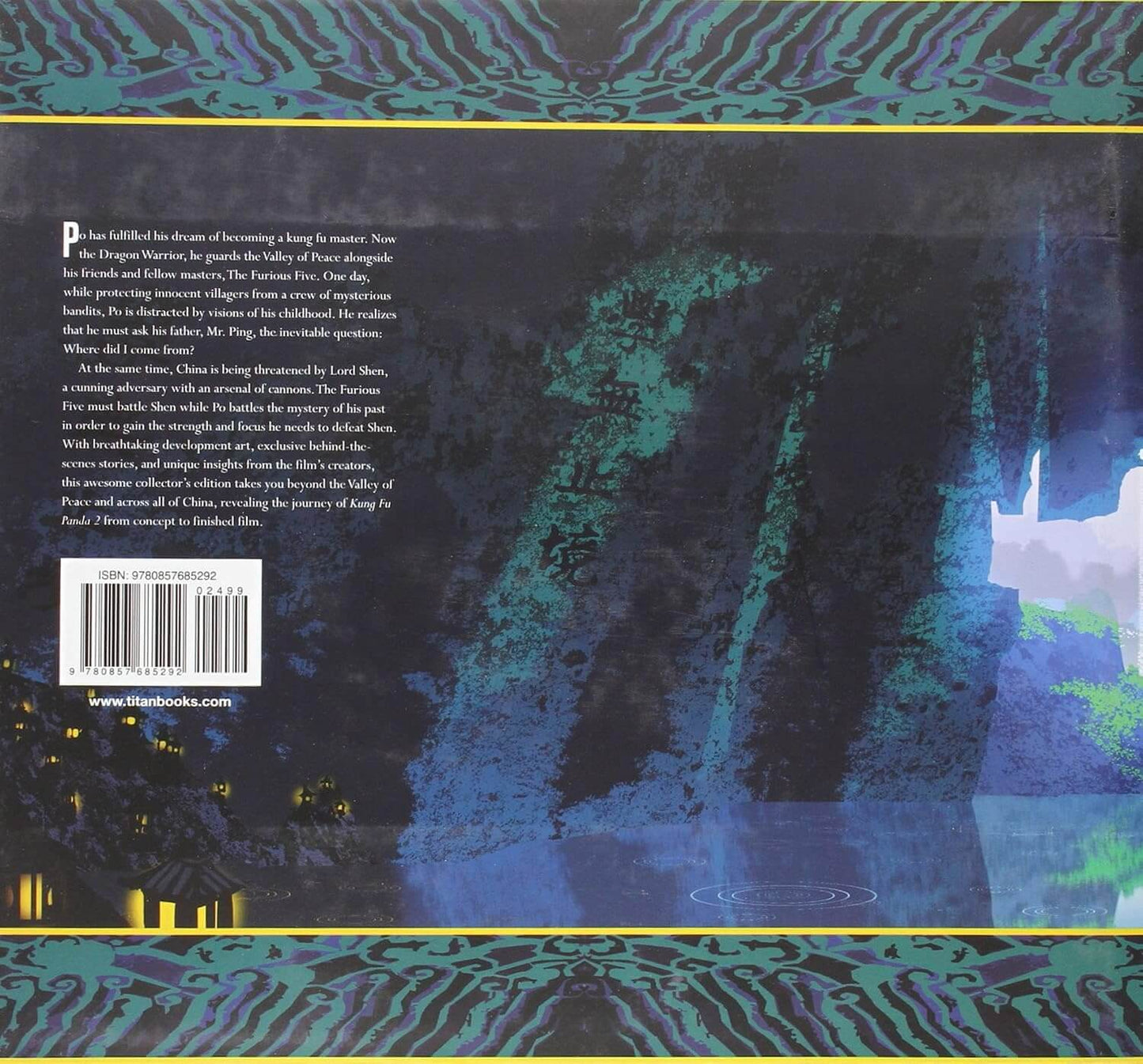 The back cover of a book featuring a dark fantasy illustration of a cave or waterfall in deep blue and black tones, with a teal patterned border at the top and bottom, white text, and a barcode on the left.