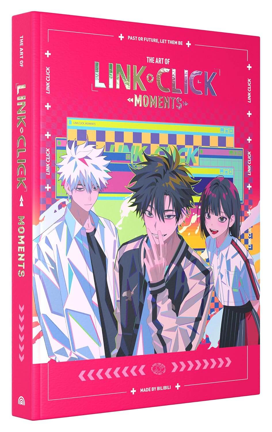 Book cover of 'The Art of Link & Click Moments' with three animated characters on a pink background
