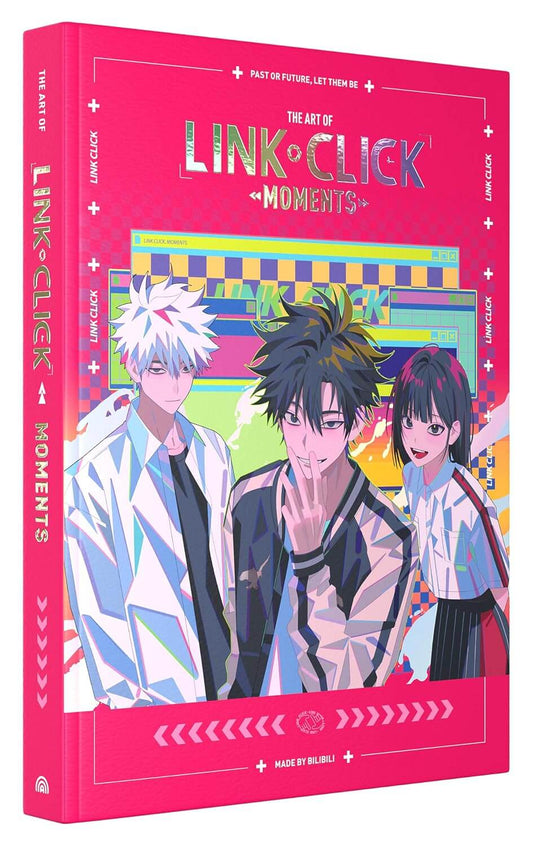 Book cover of 'The Art of Link & Click Moments' with three animated characters on a pink background