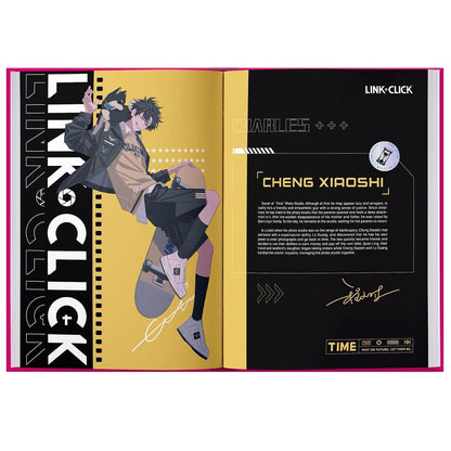 An open printed booklet or book spread featuring anime-style artwork of a character on a skateboard, with large vertical 'LINK-CLICK' text on the left page and a black right page containing the name 'CHENG XIAOSHI' and small text blocks.