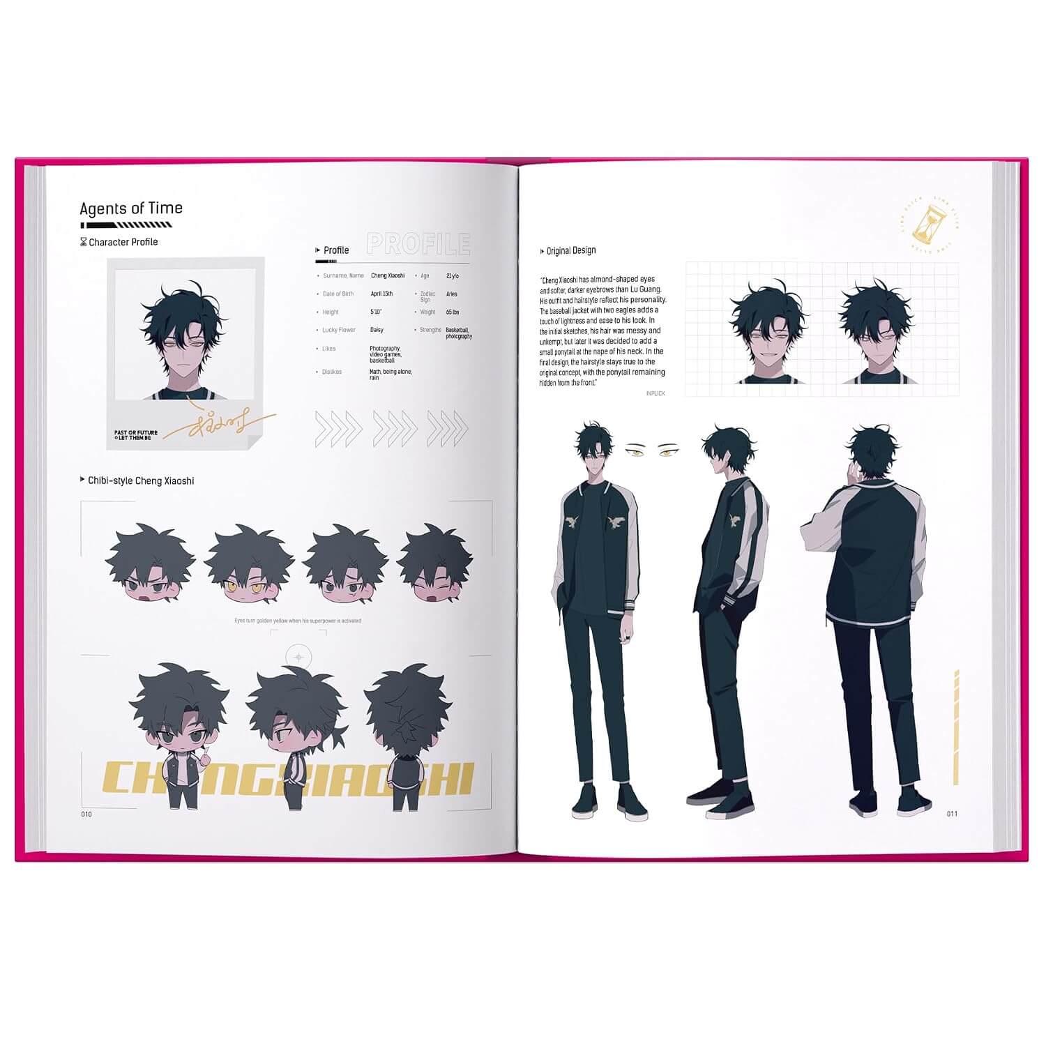 An open printed character design book or manga page showing detailed illustrations of an anime character from multiple angles, including front, back, and chibi versions, with text and layout on both pages.