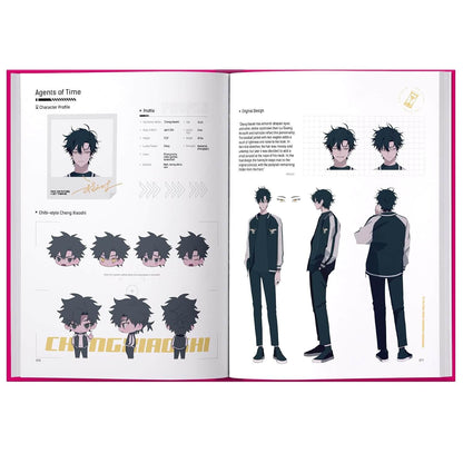 An open printed character design book or manga page showing detailed illustrations of an anime character from multiple angles, including front, back, and chibi versions, with text and layout on both pages.