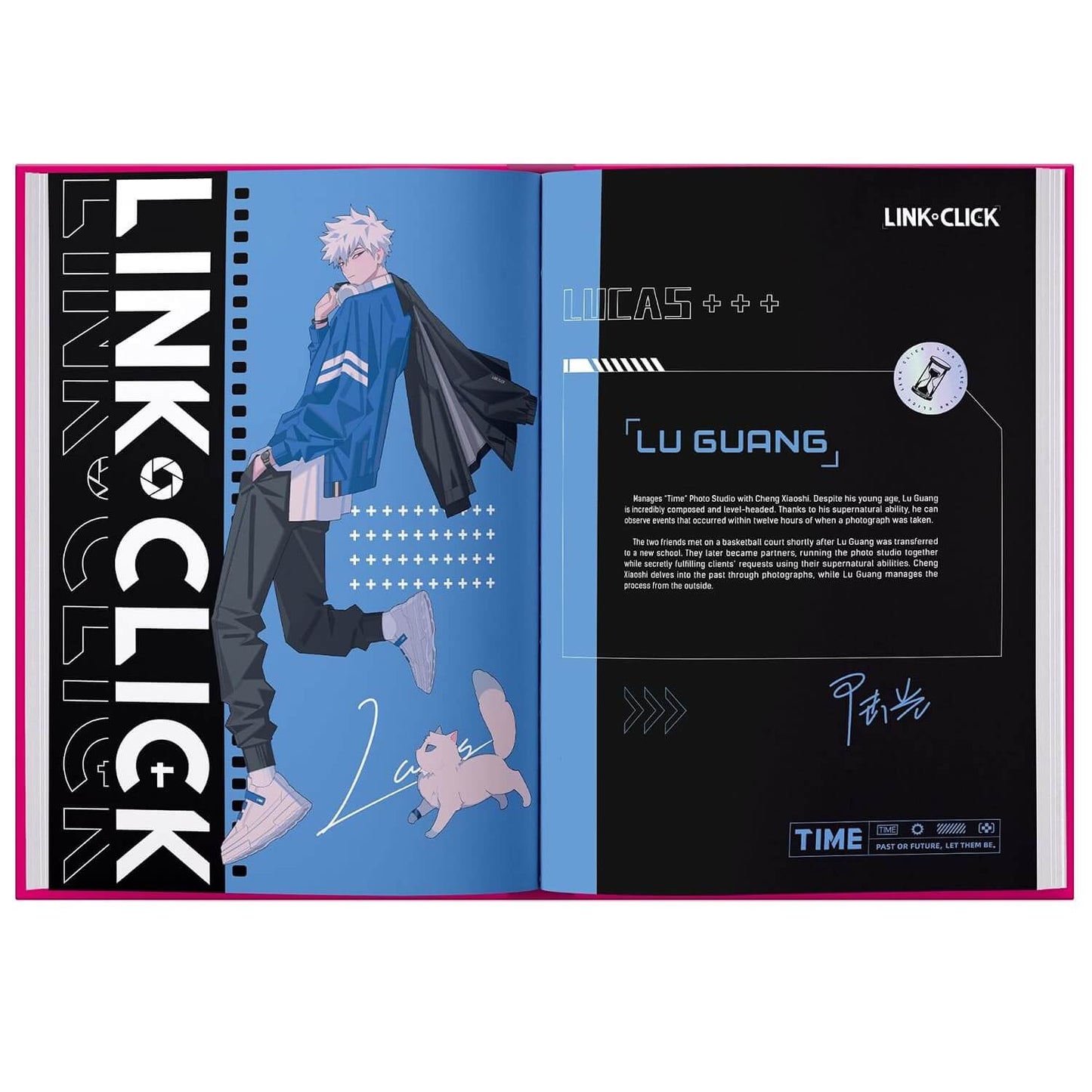 An open printed booklet or book spread featuring anime-style artwork and text. The left page has a vertical black band with large white 'LINK-CLICK' text, a blue panel with an illustrated character in a blue jacket and black coat, and a small pink dog drawing.