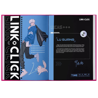 An open printed booklet or book spread featuring anime-style artwork and text. The left page has a vertical black band with large white 'LINK-CLICK' text, a blue panel with an illustrated character in a blue jacket and black coat, and a small pink dog drawing.