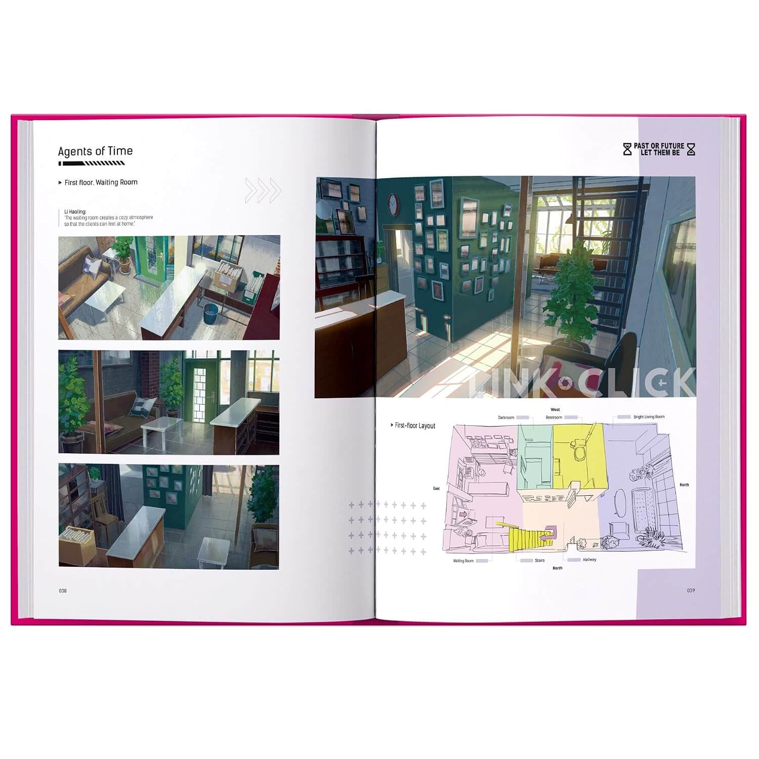 An open printed booklet or magazine spread showing interior design photos, text headings like 'Agents of Time' and 'First Floor Waiting Room,' and a floor plan diagram. The pages are white with pink binding edges visible around the open spread.