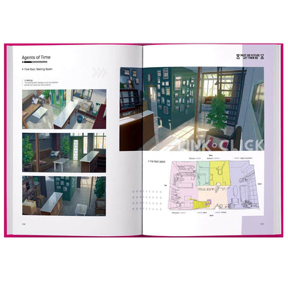 An open printed booklet or magazine spread showing interior design photos, text headings like 'Agents of Time' and 'First Floor Waiting Room,' and a floor plan diagram. The pages are white with pink binding edges visible around the open spread.