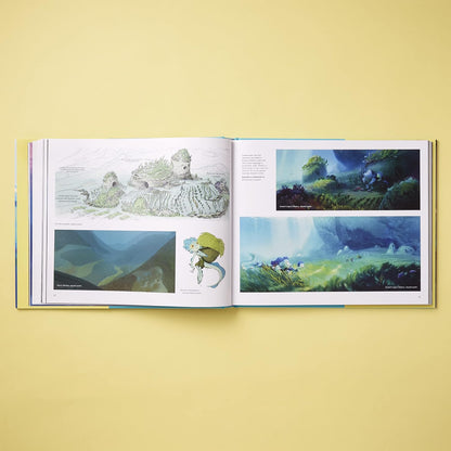 Open book displaying illustrations of a fantasy landscape on a yellow background