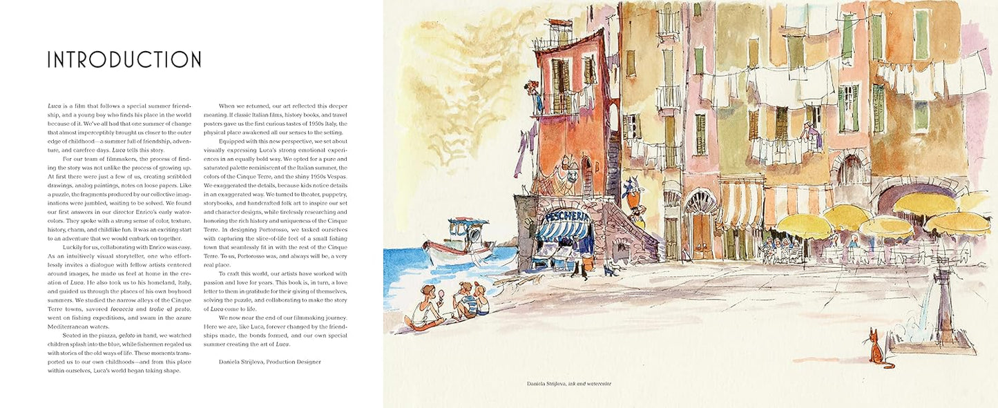 A book or magazine spread showing an introduction text page on the left and a watercolor-style illustration of a coastal town square with buildings, boats, and yellow umbrellas on the right.