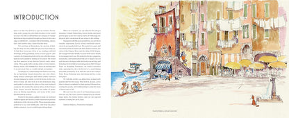 A book or magazine spread showing an introduction text page on the left and a watercolor-style illustration of a coastal town square with buildings, boats, and yellow umbrellas on the right.