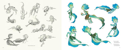 A two-page character design sheet showing multiple pencil sketches on the left and finalized colorful illustrations on the right. The characters have blue and teal skin with green tail details, set against a cream-colored background.