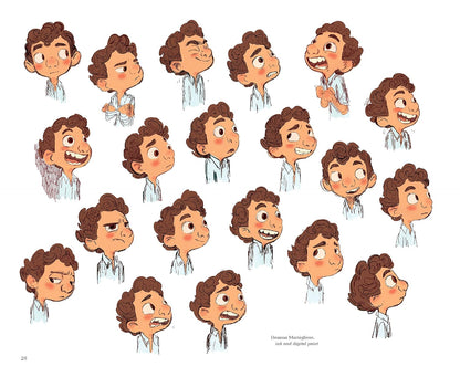 Illustrations of a cartoon character with various facial expressions on a white background