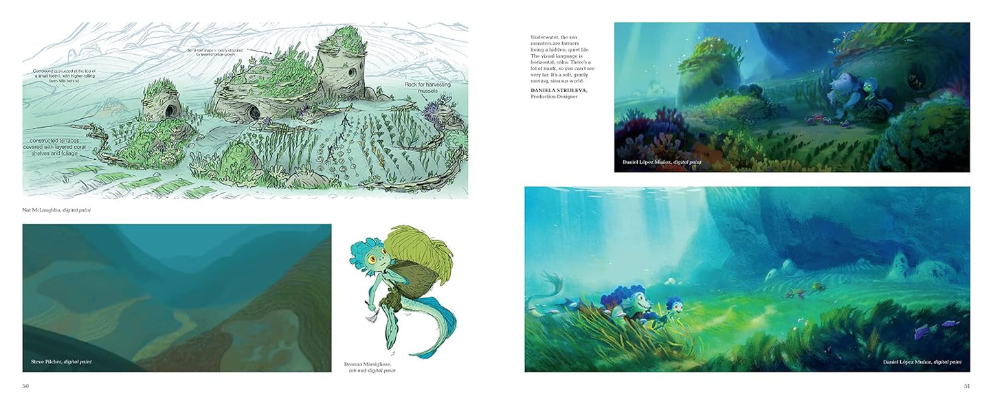 A printed art book or magazine spread showing multiple illustrated underwater and fantasy scenes, including a sea creature, coral reef, and blue-green landscape panels with small text callouts.