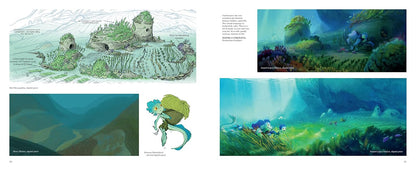 A printed art book or magazine spread showing multiple illustrated underwater and fantasy scenes, including a sea creature, coral reef, and blue-green landscape panels with small text callouts.