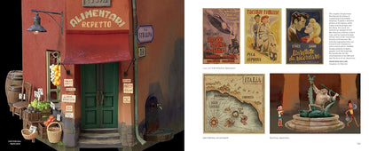 Vintage Italian street scene with a red awning and posters on a white background.