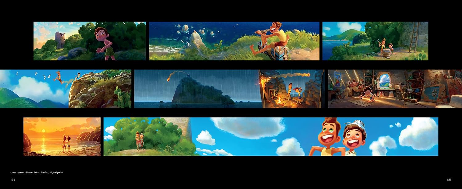 A collage of multiple colorful illustrated panels showing outdoor scenes, characters, and environments, arranged in a grid on a black background.