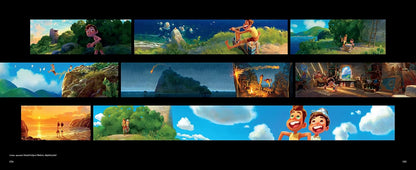 A collage of multiple colorful illustrated panels showing outdoor scenes, characters, and environments, arranged in a grid on a black background.