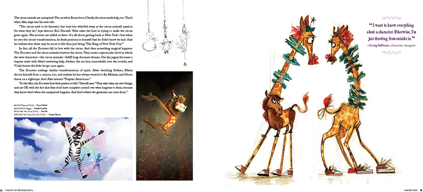Illustrated book page with two giraffes, text, and images of a zebra and a lion.