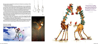 Illustrated book page with two giraffes, text, and images of a zebra and a lion.